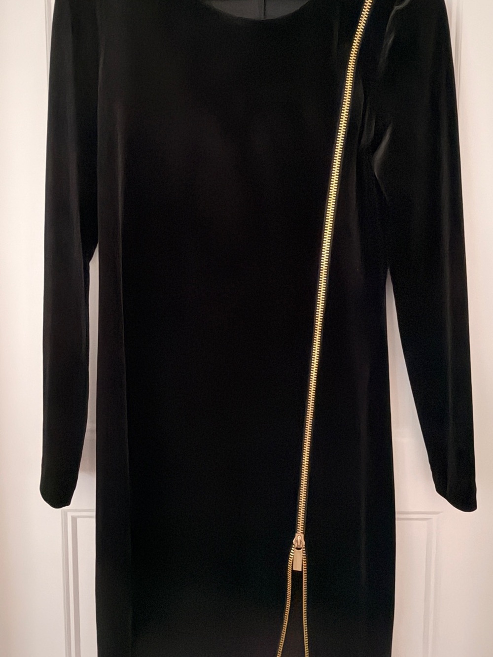 French Connection Black Velvet Long-Sleeve Dress with Gold Zip Detail